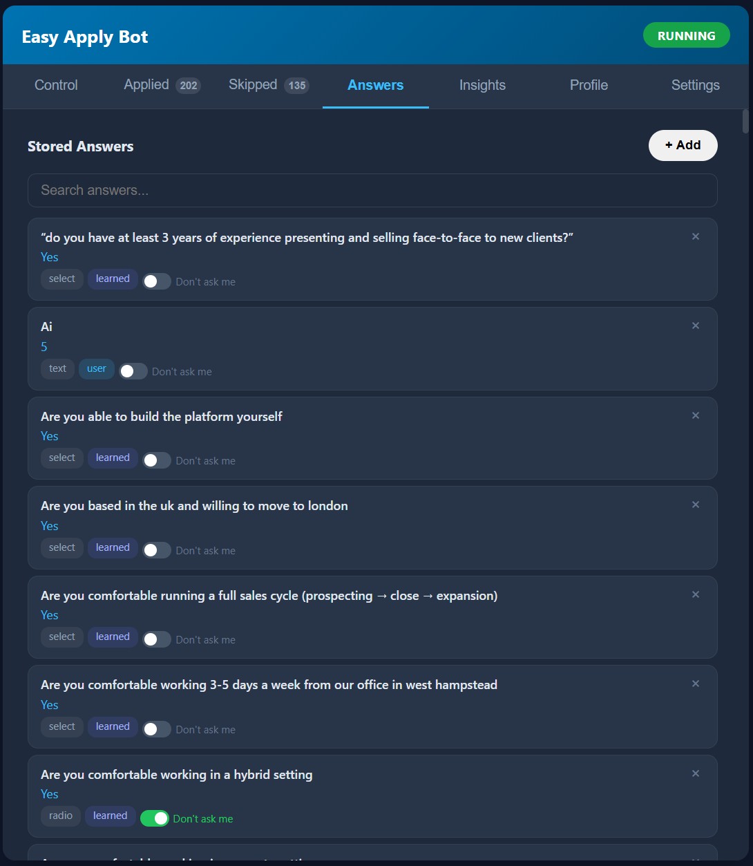 Stored answers list with smart grouping and Don't ask me again toggles