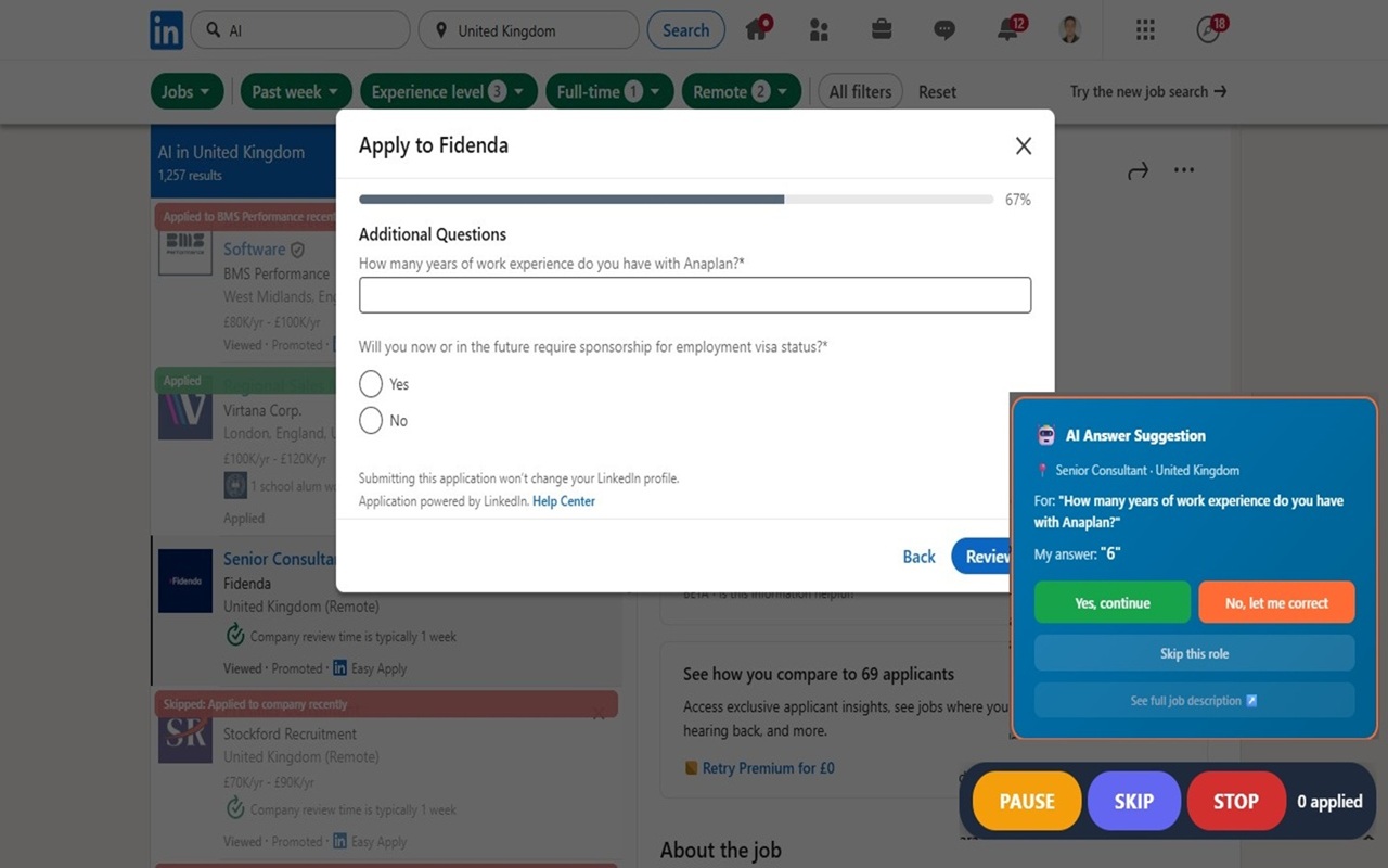 LinkedIn job search page with applied and skipped jobs tagged in green and red